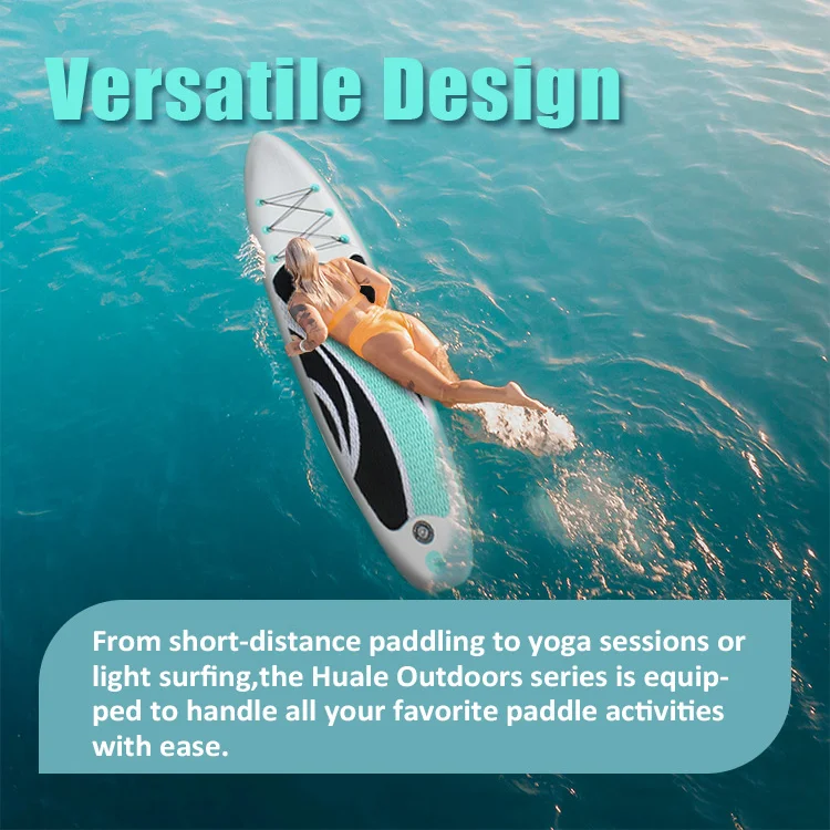 A woman in a yellow swimsuit lying on a paddleboard in clear turquoise water. Text overlay reads 'Versatile Design'.