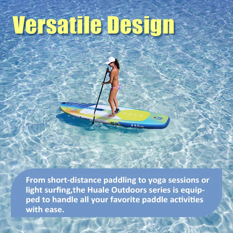 A woman in a white cap and bikini paddleboarding on a blue and yellow board in clear water, promoting versatile design.