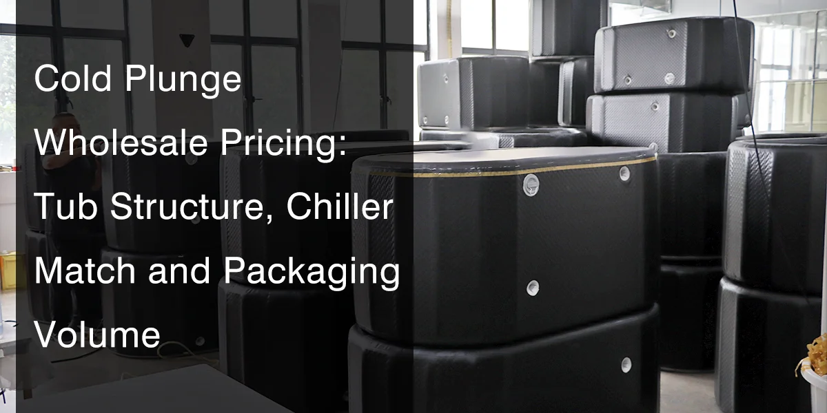 Stacked black cold plunge tubs in a warehouse with text overlay detailing wholesale pricing, tub structure, chiller match, and packaging volume.
