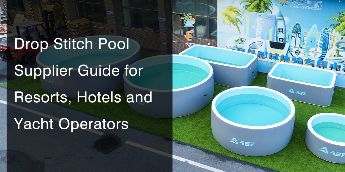 Multiple drop stitch pools in various sizes displayed outdoors on artificial grass with a promotional banner in the background.