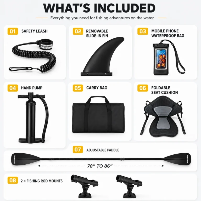 A set of fishing accessories including a safety leash, removable fin, waterproof phone bag, hand pump, carry bag, foldable seat cushion, adjustable paddle, and fishing rod mounts.