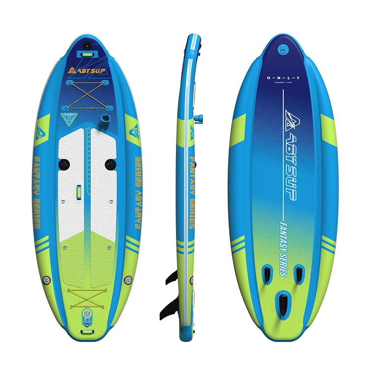 Tabla de paddle surf hinchable de colores azul y verde brillantes de la serie Fantasy, mostrada desde vistas superior, lateral e inferior.