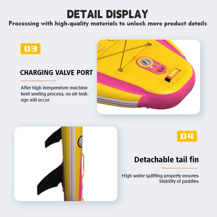 Close-up views of an inflatable SUP board featuring a charging valve port with no air leakage and a detachable tail fin for stability in water.