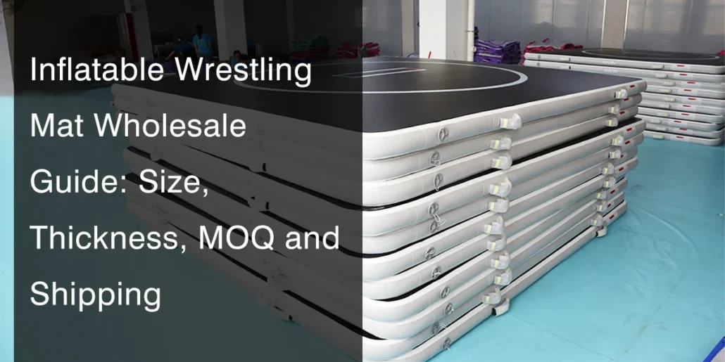 Stacked inflatable wrestling mats in a warehouse, showing durable construction and rounded edges, with wholesale details provided.