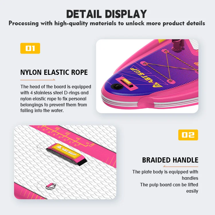 Close-up views of a paddleboard's nylon elastic rope with stainless steel D-rings and a braided handle for portability.