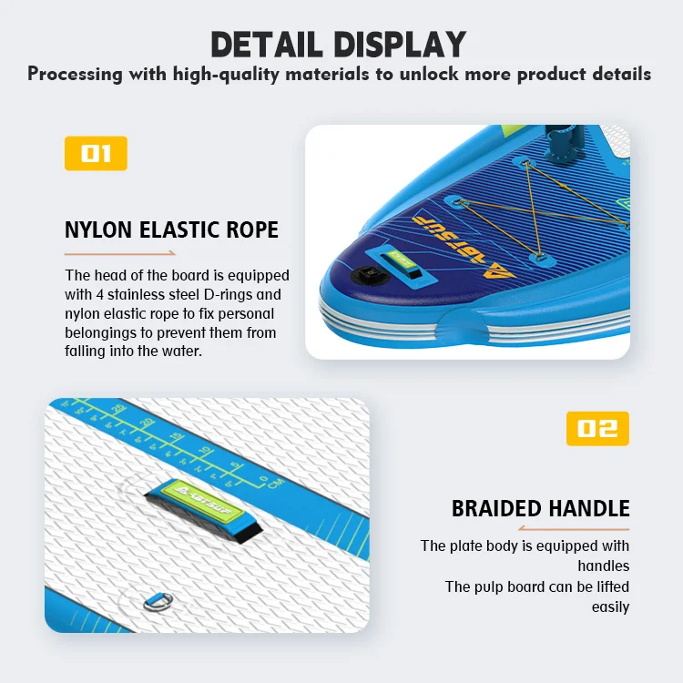 Close-up of a paddleboard showcasing nylon elastic rope with D-rings and a braided handle for convenience and secure storage.