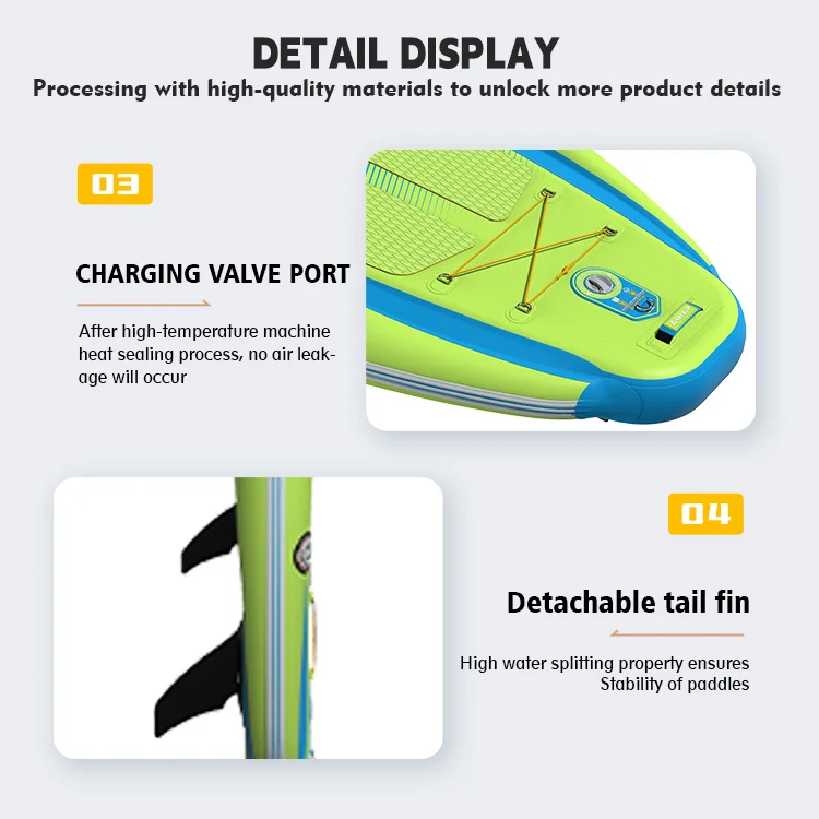 Closeup of paddleboard features including a charging valve port and detachable tail fin, highlighting quality and functionality.