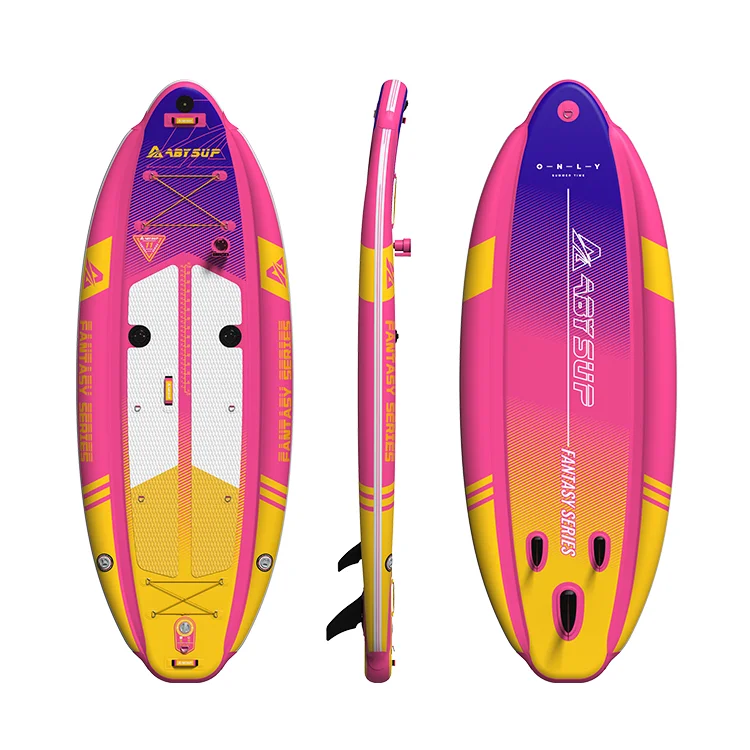 Tabla de paddle surf hinchable de color rosa brillante y amarillo con un diseño multivista que muestra los ángulos frontal, lateral y posterior.