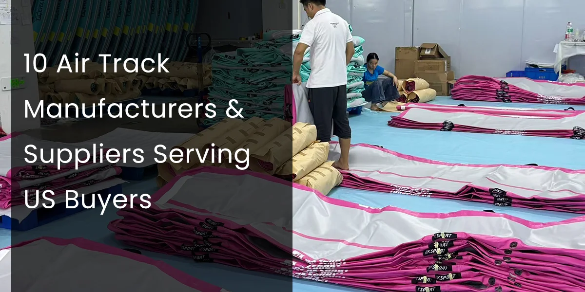 Workers assembling and organizing pink and white air track mats in a factory setting.