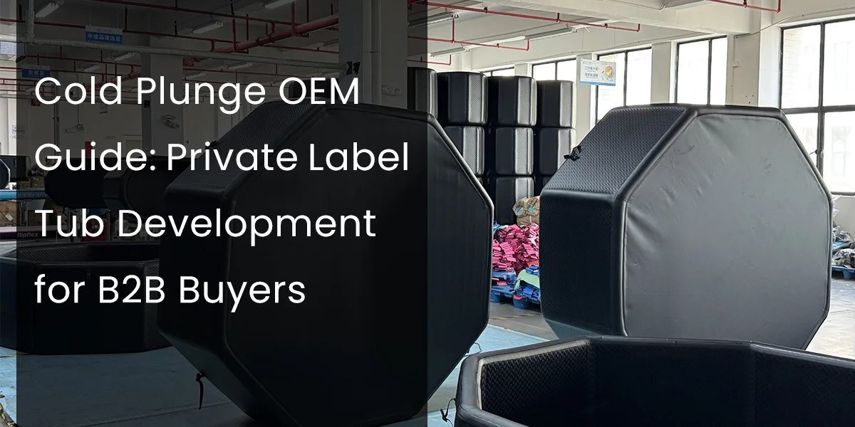 Octagonal black cold plunge tubs in a factory setting, with text overlay discussing OEM private label tub development for B2B buyers.