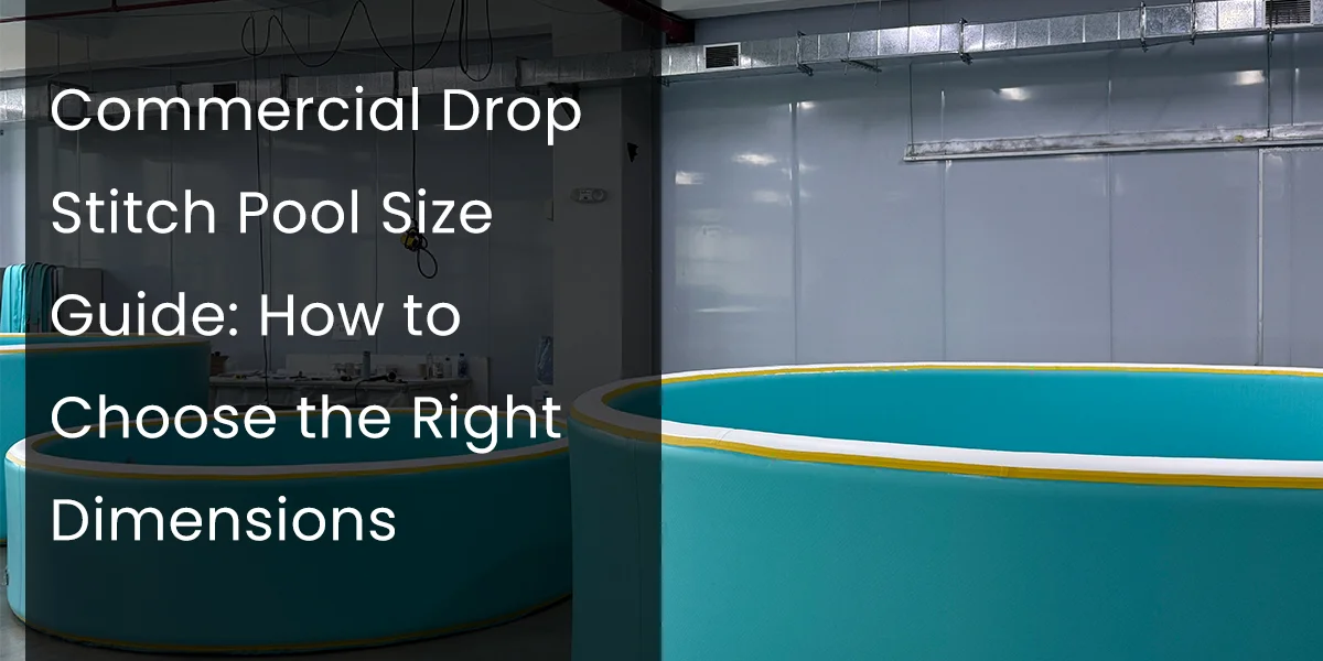 Large turquoise drop-stitch commercial pool with text overlay discussing size dimensions in a modern indoor setting.