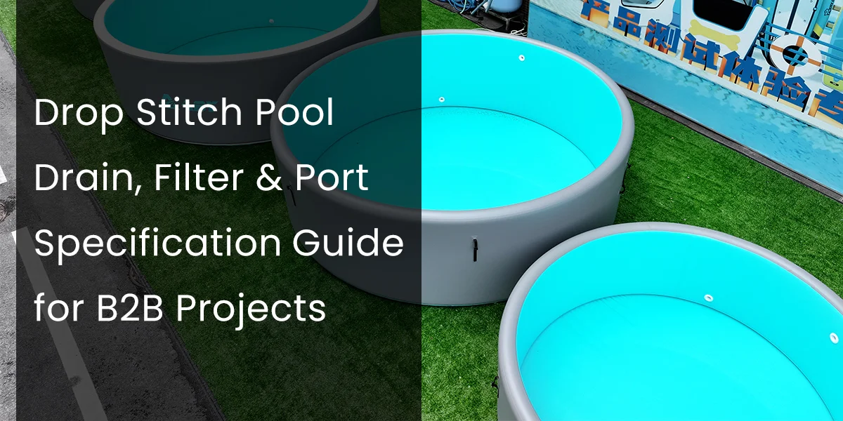 Three gray drop stitch pools with turquoise interiors arranged on green artificial grass, alongside a text overlay detailing a drop stitch pool specification guide.