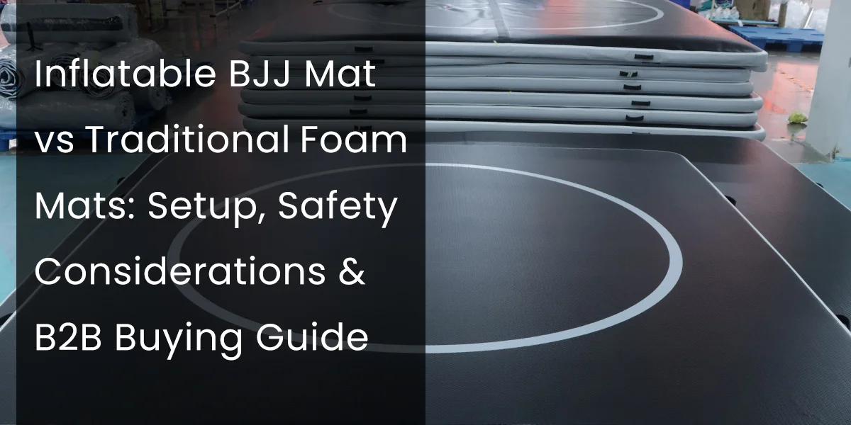 A stack of traditional foam BJJ mats and an inflatable BJJ mat placed in a gym setting with text overlay comparing their features.