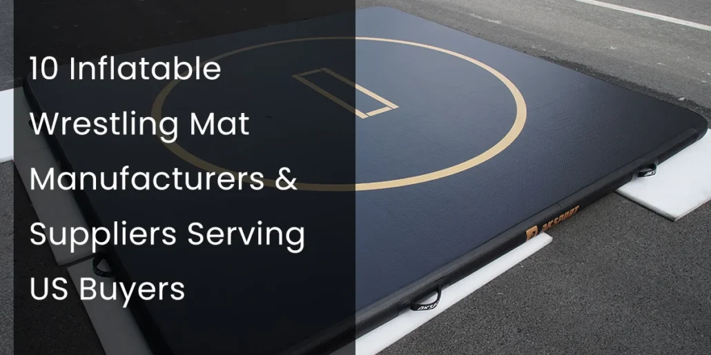 Inflatable wrestling mat with a black surface and circular markings placed on an outdoor area, highlighting manufacturers for US buyers.