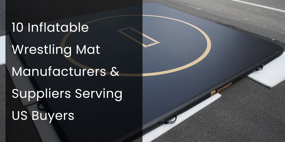Inflatable wrestling mat with a black surface and circular markings placed on an outdoor area, highlighting manufacturers for US buyers.