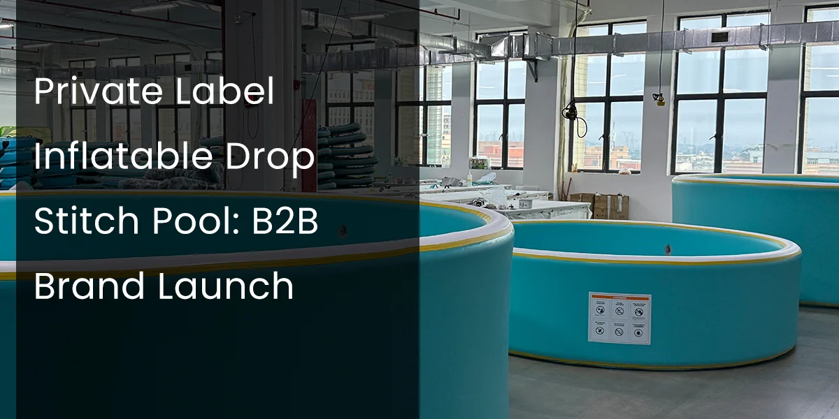 Turquoise private label inflatable drop stitch pools displayed in a spacious showroom with large windows and industrial interior, prepared for a B2B brand launch.