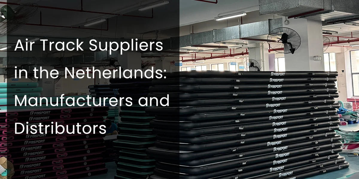 Stacks of air track mats in a warehouse with text overlay mentioning 'Air Track Suppliers in the Netherlands: Manufacturers and Distributors'.