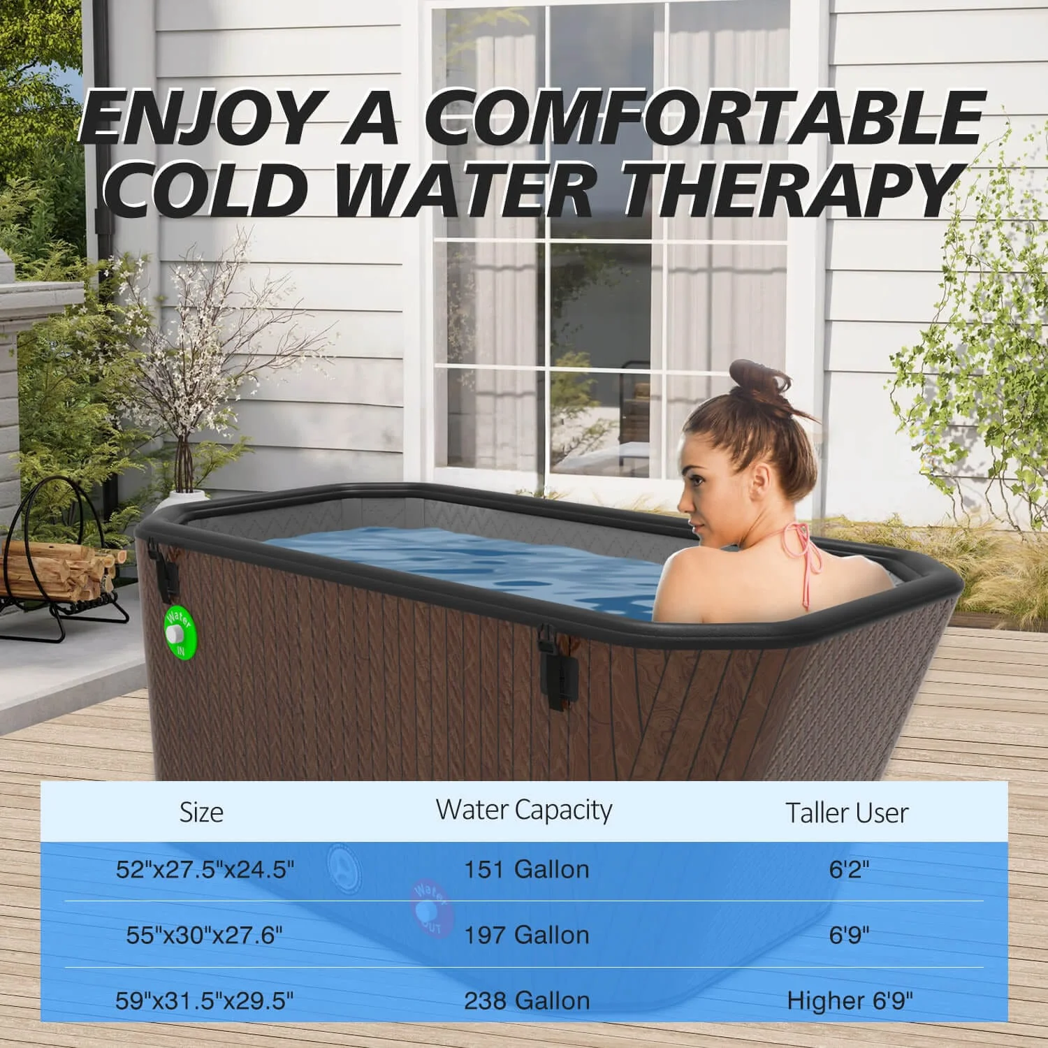 Woman relaxing in a rectangular cold water therapy tub placed on an outdoor patio, surrounded by greenery, with specifications for sizes, water capacity, and user height visible.