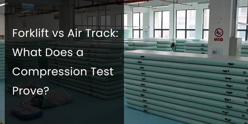 Immagini di cingoli ad aria compressa impilati in un ambiente industriale, con testo sovrapposto che illustra i test di compressione tra carrelli elevatori e cingoli ad aria compressa.