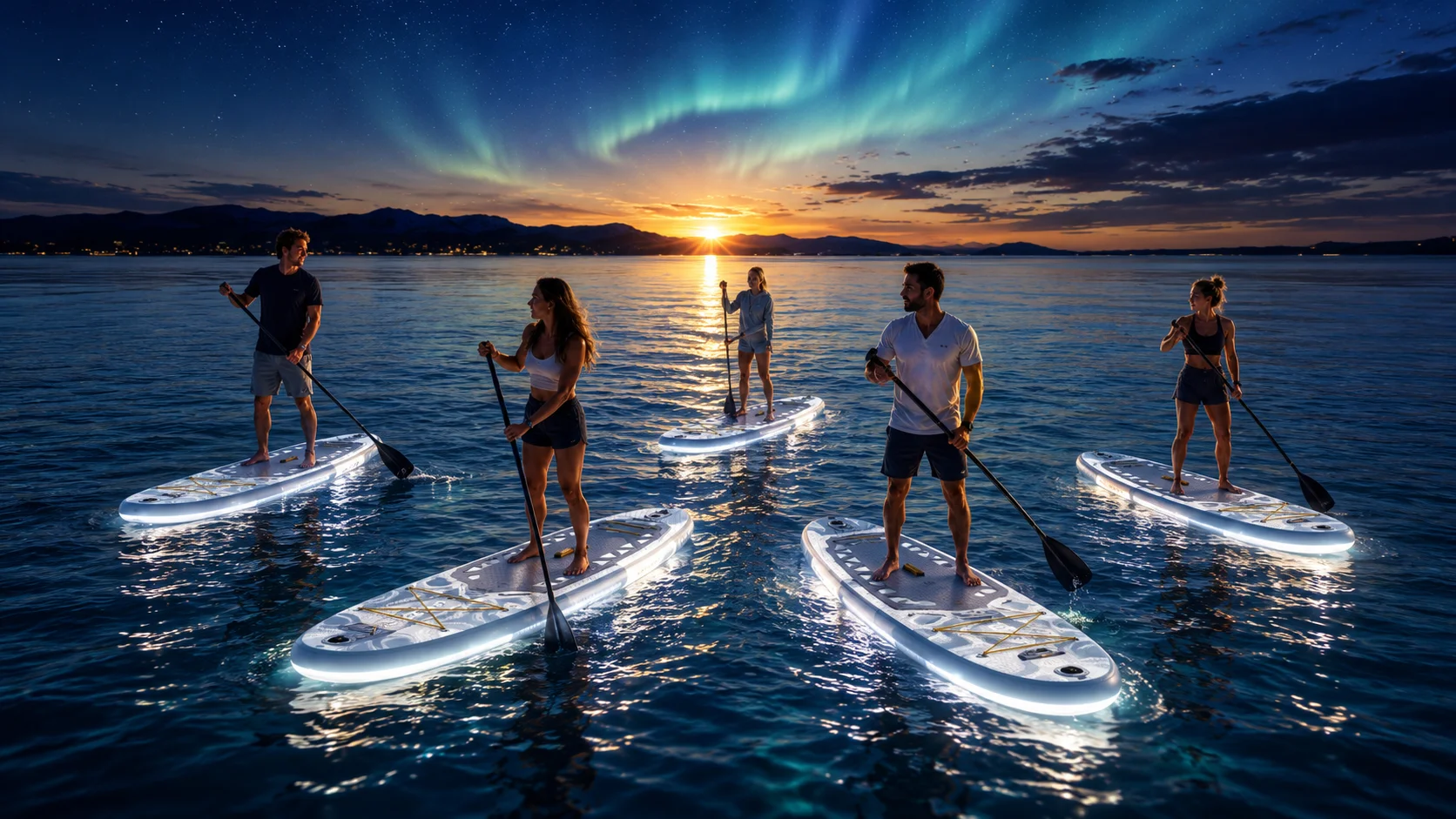 Five people paddleboarding on illuminated boards under the northern lights at sunset, with calm water and mountains in the background.