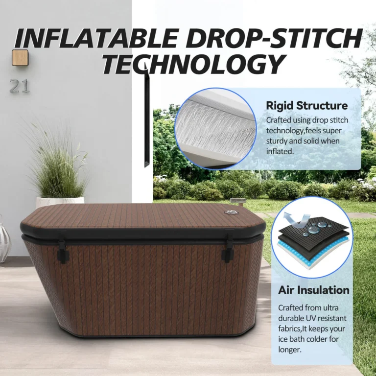 Outdoor box made using inflatable drop-stitch technology with a rigid structure and air insulation features, shown near greenery and a home wall.