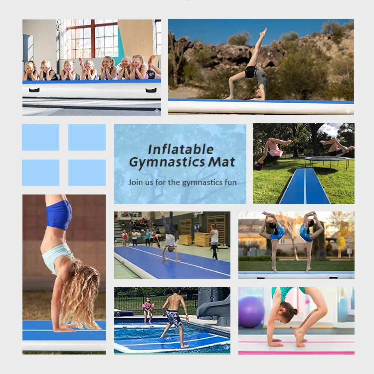 Collage featuring an inflatable gymnastics mat used in various settings for gymnastics, exercise, and fun activities.