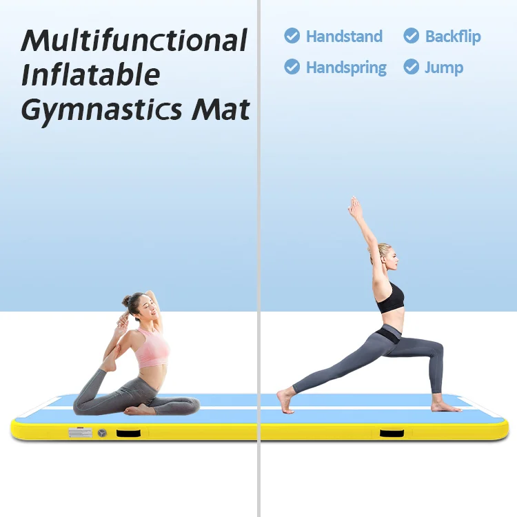 Two women demonstrating yoga and gymnastic poses on a yellow and blue multifunctional inflatable gymnastics mat.
