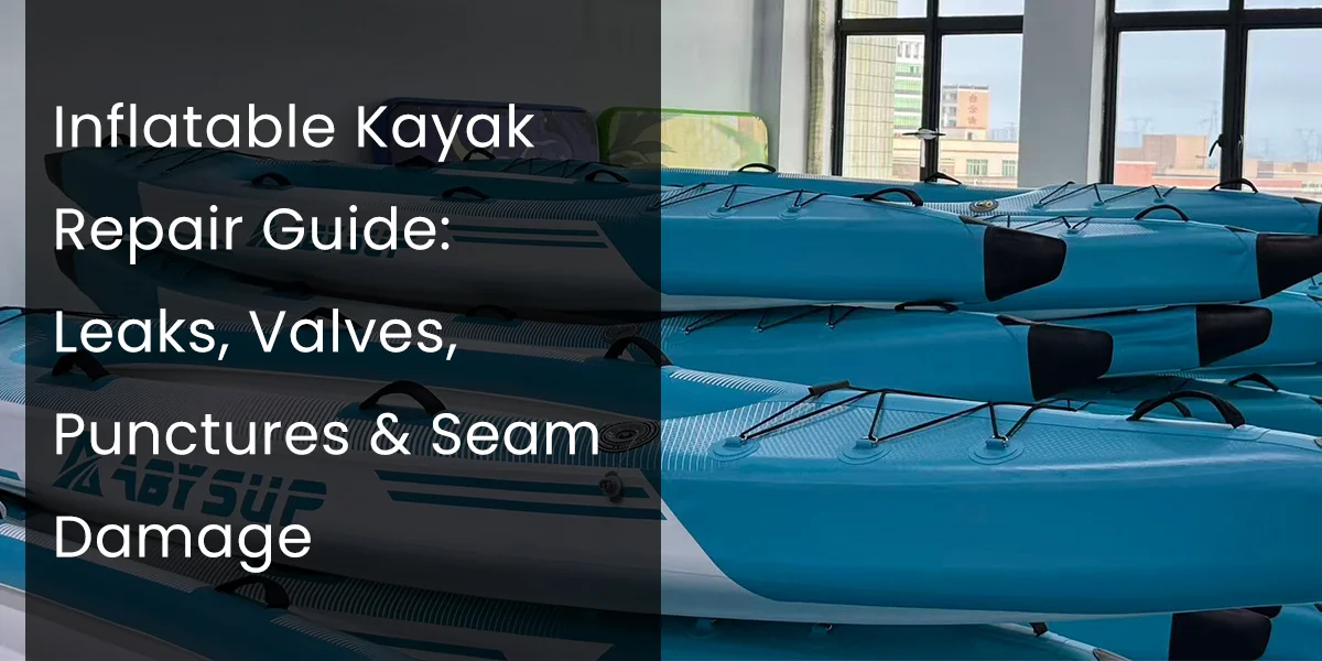Stack of blue inflatable kayaks indoors next to a guide on repairing leaks, punctures, valves, and seam damage.