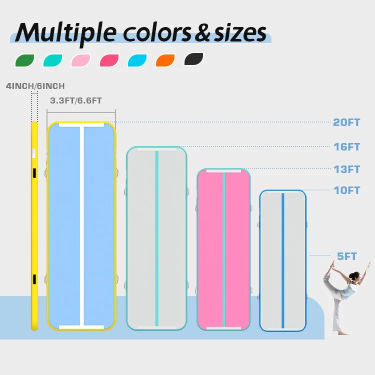 Illustration showcasing inflatable mats in various colors and sizes, ranging from 5ft to 20ft, with a person doing a yoga pose for scale.