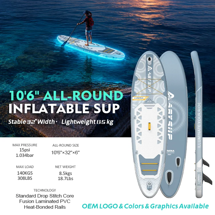 A 10'6" all-round inflatable stand-up paddleboard with LED lighting being used on calm water at sunset, displayed with product details and specifications.