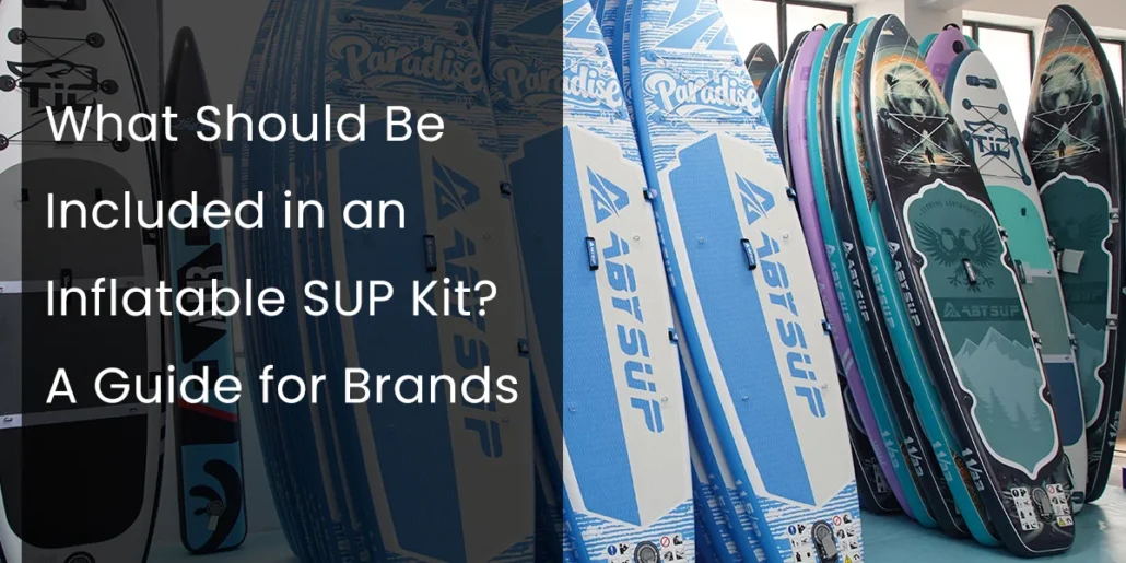 A stack of colorful inflatable paddleboards with various designs displayed indoors, accompanied by text discussing components of an inflatable SUP kit.