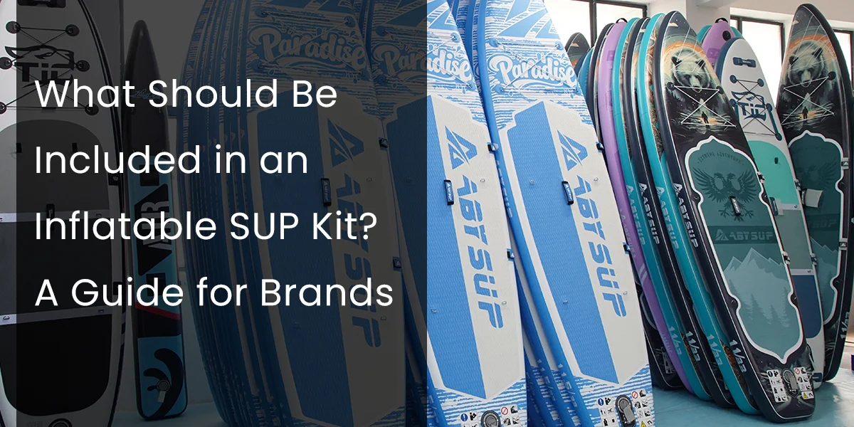 A stack of colorful inflatable paddleboards with various designs displayed indoors, accompanied by text discussing components of an inflatable SUP kit.