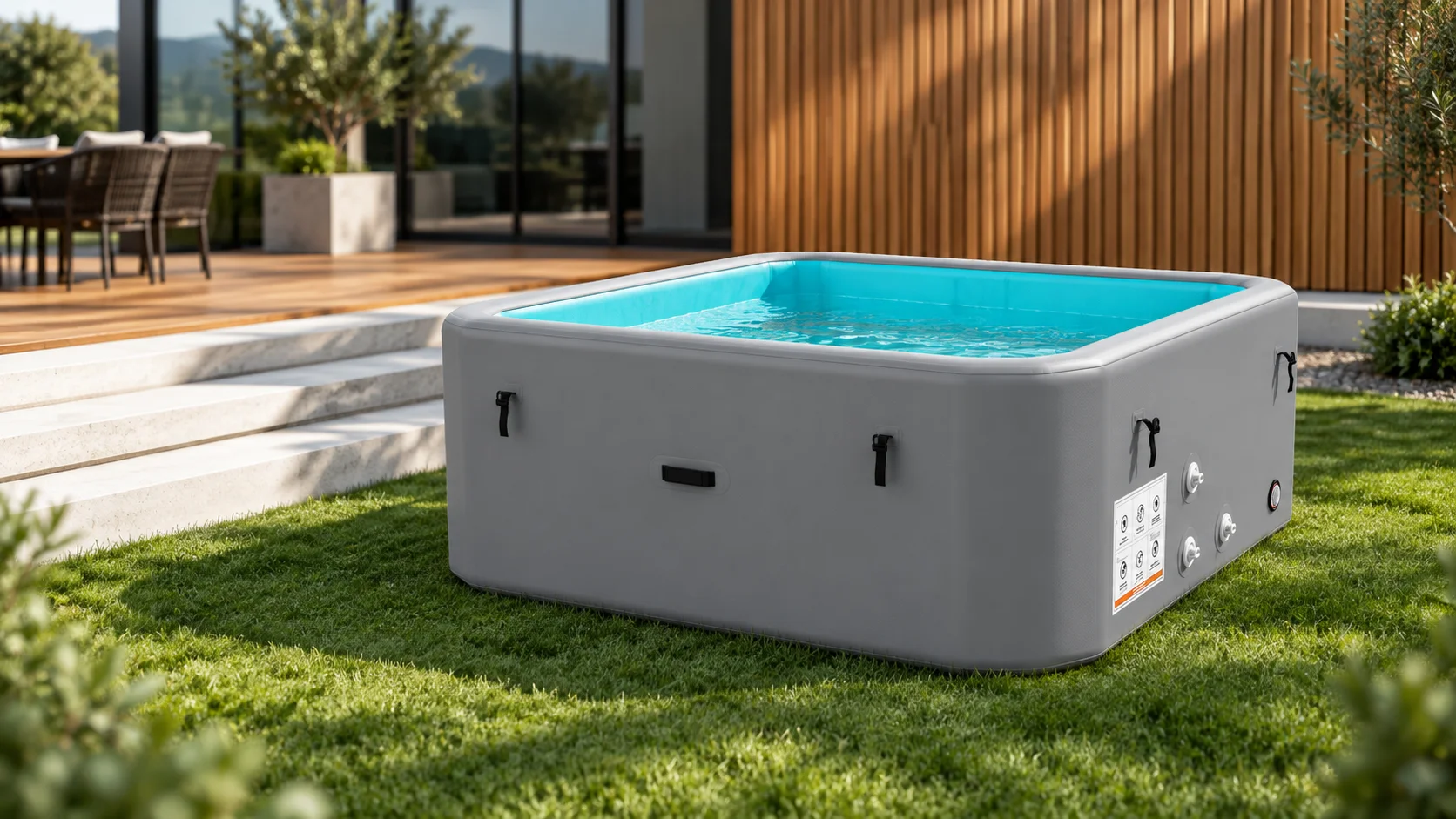 A modern inflatable hot tub with gray sides and blue water, placed on a green lawn near a wooden deck and outdoor seating.