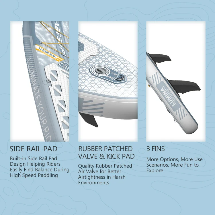 Close-up of modern paddleboard features including side rail pad, rubber patched valve with kick pad, and three removable fins.