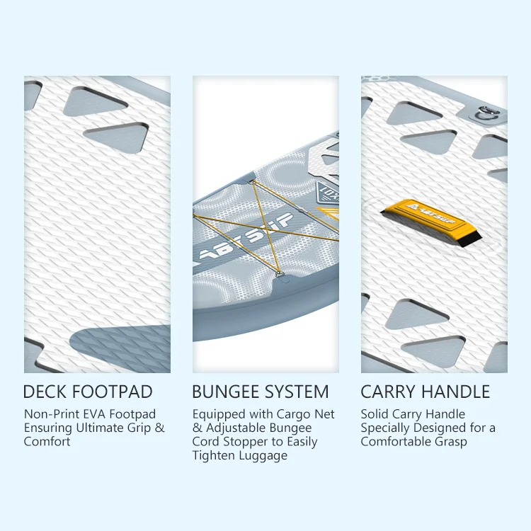 Close-up of a paddleboard showing deck footpad for grip, bungee cargo system for luggage, and a comfortable carry handle.
