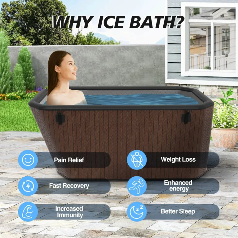 A woman in an outdoor wooden tub filled with water, demonstrating the benefits of ice baths including pain relief, weight loss, better sleep, energy boost, increased immunity, and faster recovery.